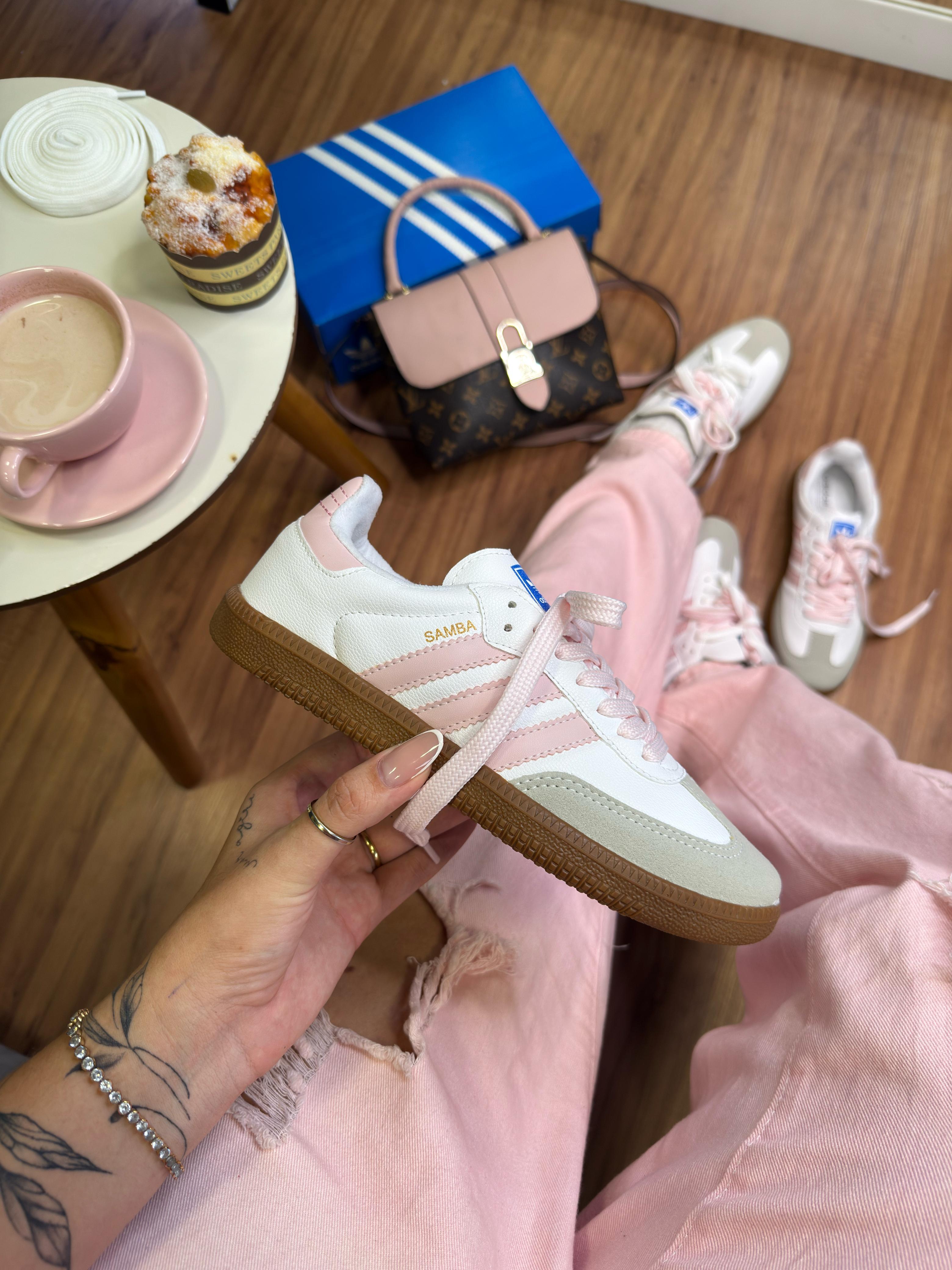 Tênis Branco Rosa Samba Courino