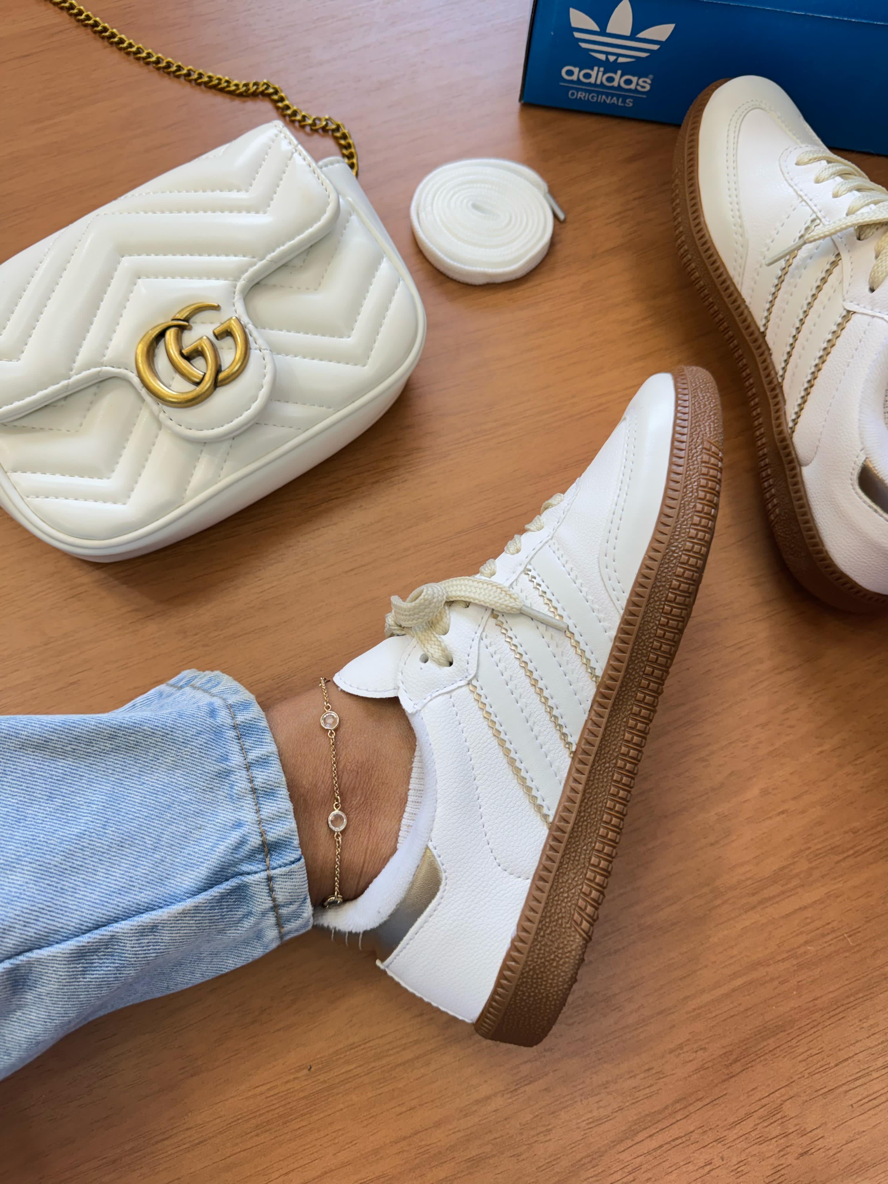 Tênis Samba Branco Dourado Sintético