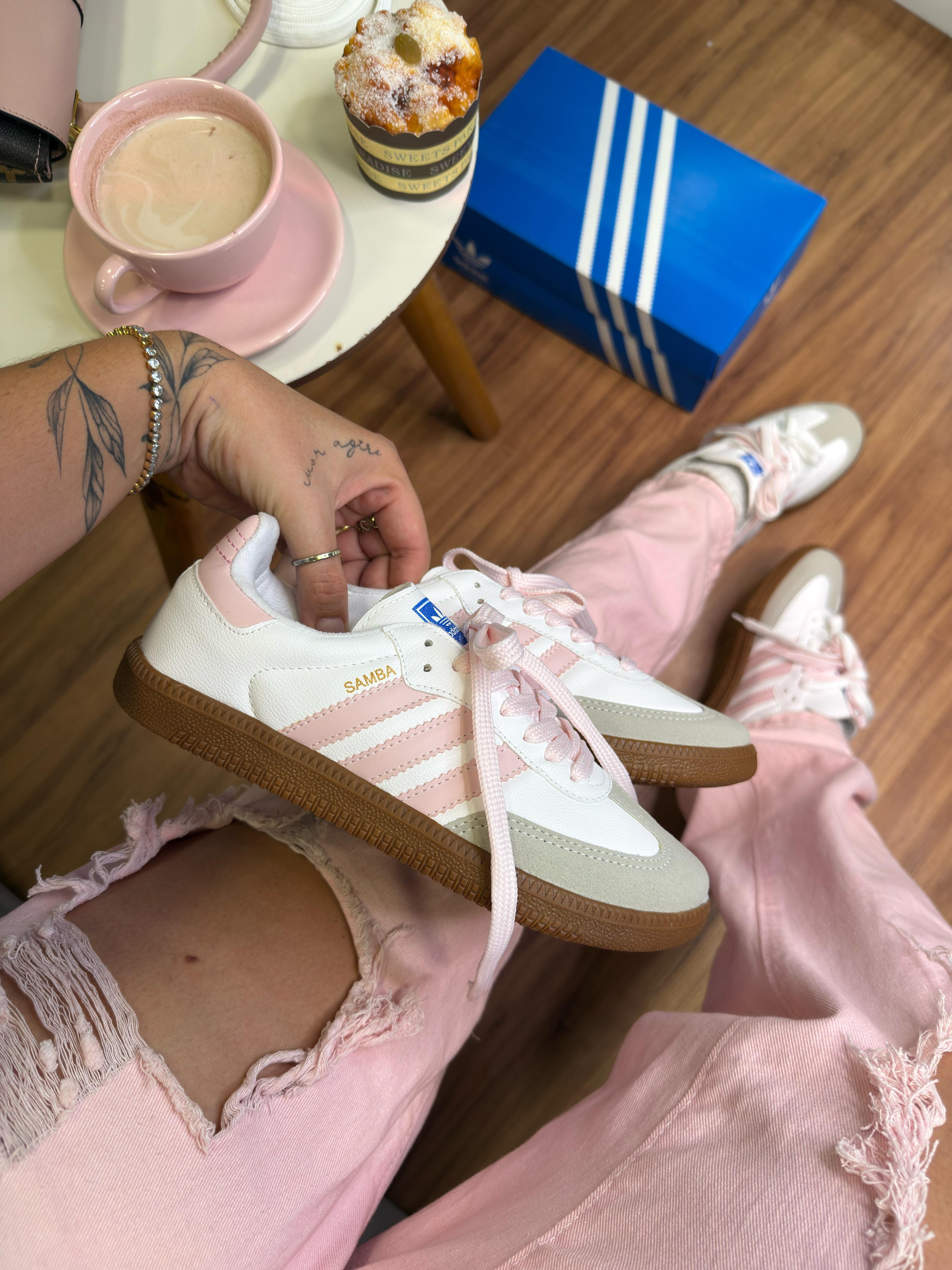 Tênis Branco Rosa Samba Courino